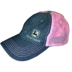Pink and black denim John Deere trucker hat